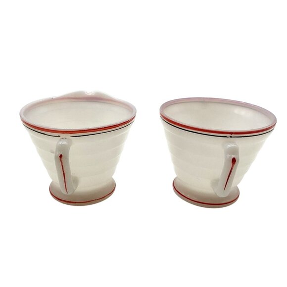 Vintage 1930s Hazel Atlas Milk Glass Creamer & Sugar Bowl With Red Black Stripes - Picture 4 of 6